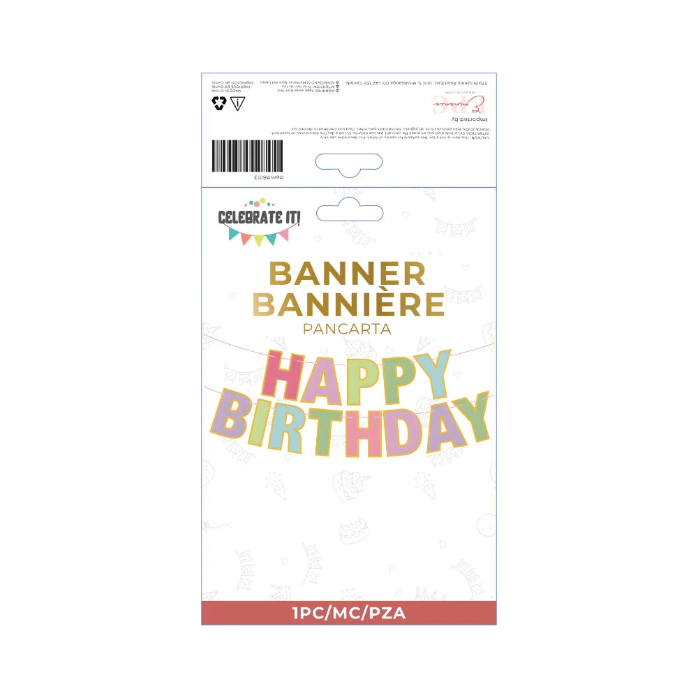 Banner Happy Birthday Pastel Colours Gold Hot Stamp Border