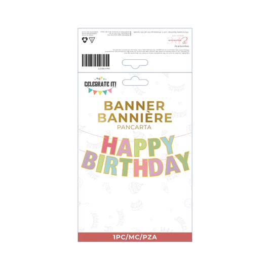 Banner Happy Birthday Pastel Colours Gold Hot Stamp Border