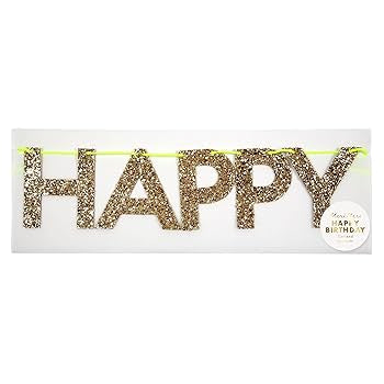 Meri Meri Gold Happy Birthday Banner (Pack of 1), 8' Birthday Party Banner with Excess Cord