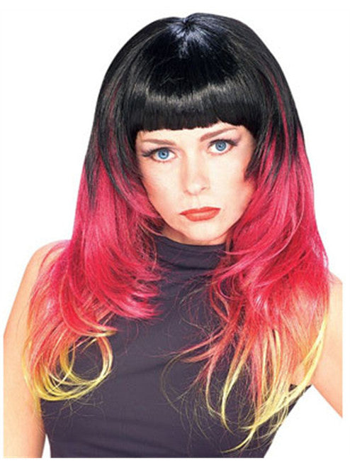 Womens Sexy Black Red And Yellow Sunburst Wig