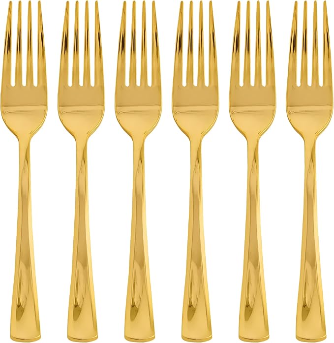 Kaya Shiny Metallic Gold Plastic Forks (Pack of 24) - Disposable Salad Forks, Premium Flatware And Party Supplies For Birthday, Baby Shower & Everyday Home Use