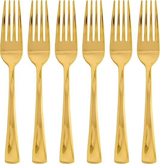 Kaya Shiny Metallic Gold Plastic Forks (Pack of 24) - Disposable Salad Forks, Premium Flatware And Party Supplies For Birthday, Baby Shower & Everyday Home Use