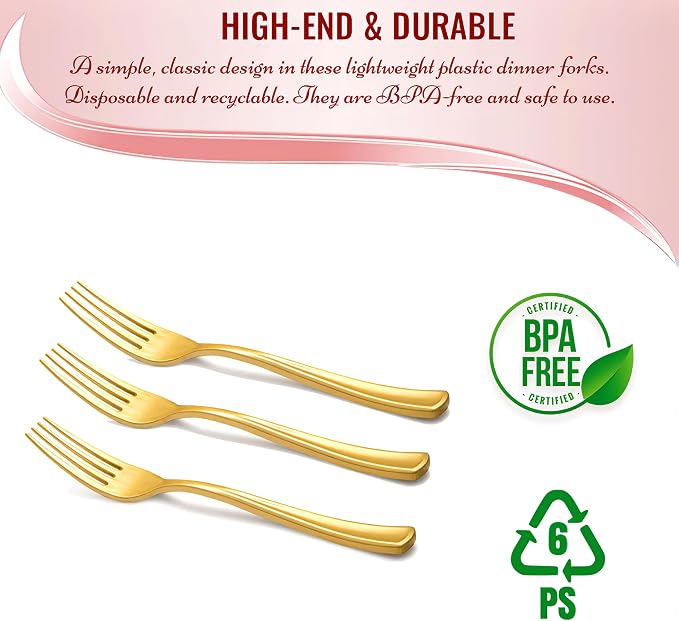 Kaya Shiny Metallic Gold Plastic Forks (Pack of 24) - Disposable Salad Forks, Premium Flatware And Party Supplies For Birthday, Baby Shower & Everyday Home Use