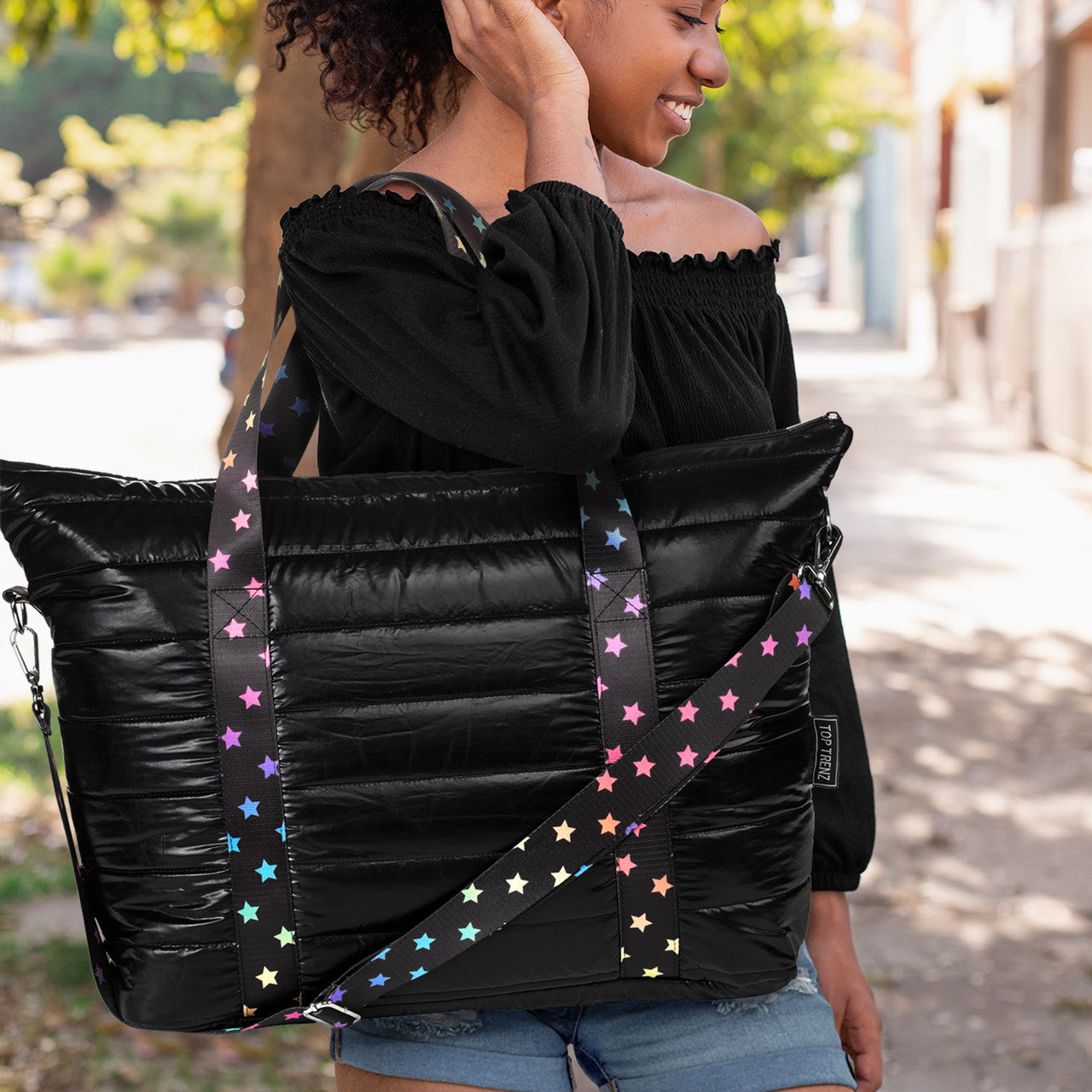 Black Puffer Tote with Scatter Star Strap