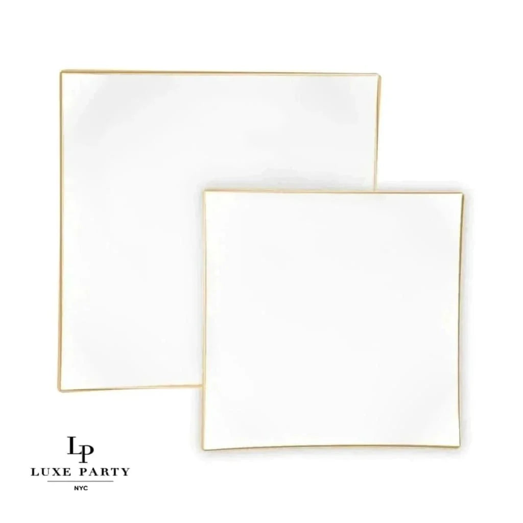Square Coupe White • Gold Dinner Plastic Plates | 10 Pack