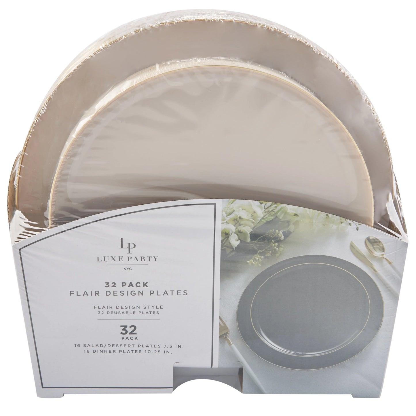 Round Walled Linen and Gold Plastic Plates Set | 32 Pack