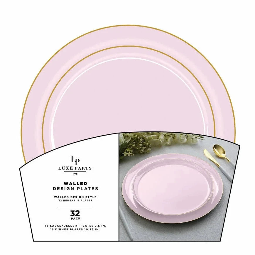 Round Walled New Baby Pink and Gold Plastic Plates Set | 32 Pack