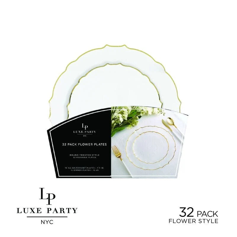 White Frosted Plate and Gold Plastic Plates Set | 32 Pack