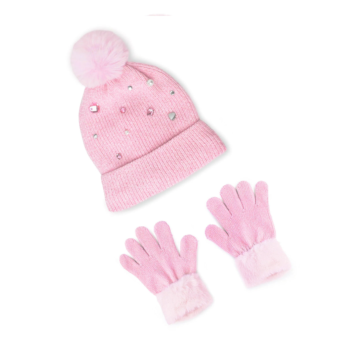 Pink Stones and Pearls Hat and Gloves Set