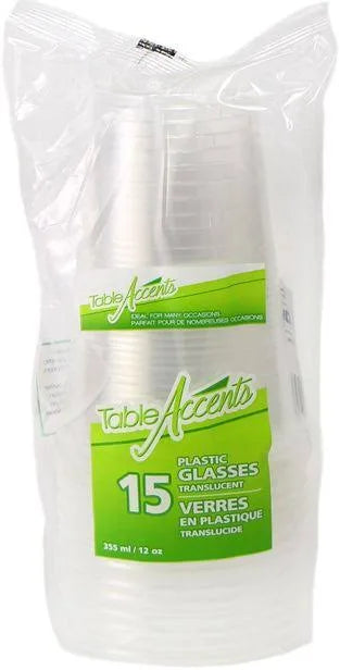 Table Accents 12 Ounce Clear Plastic Glasses, 15 Count