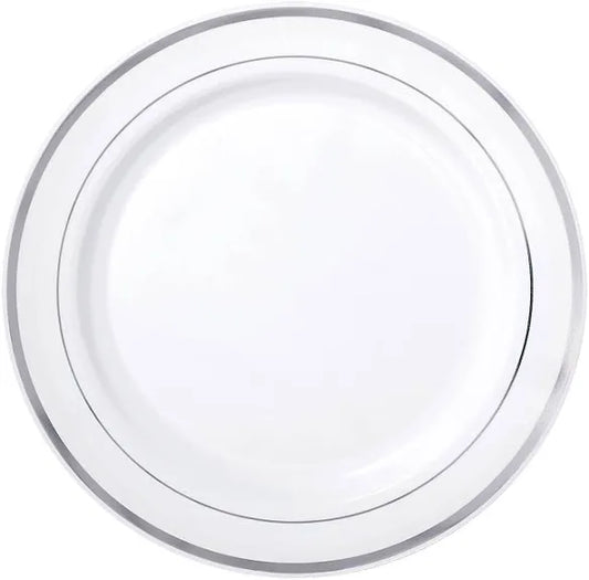 Premium Plastic Dinner Plates 10 pcs White and Silver
