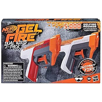 NERF Pro Gelfire Dual Wield Pack, 2 Blasters, No-Prime Firing, 5000 Gelfire Rounds, 2X 100 Round Integrated Hoppers, 2 Eyewear, Ages 14 & Up
