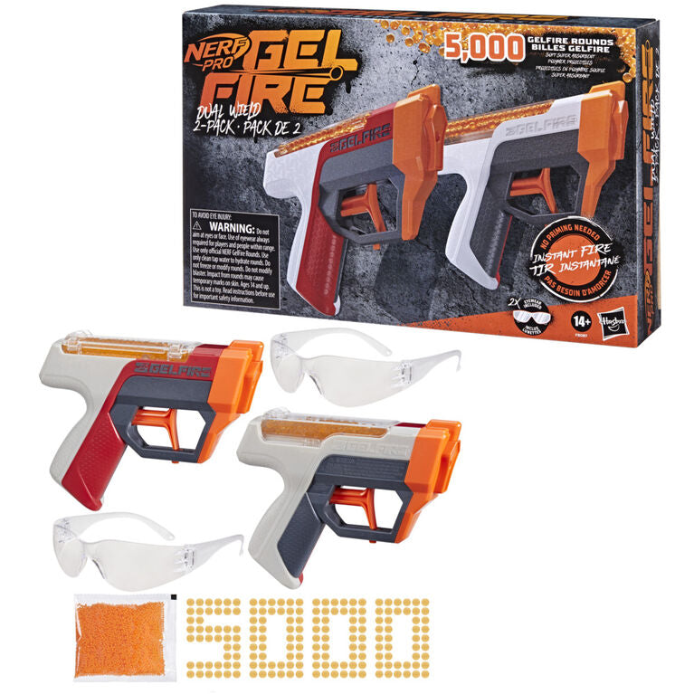 NERF Pro Gelfire Dual Wield Pack, 2 Blasters, No-Prime Firing, 5000 Gelfire Rounds, 2X 100 Round Integrated Hoppers, 2 Eyewear, Ages 14 & Up
