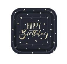Black and Gold Happy Birthday Dessert Plates