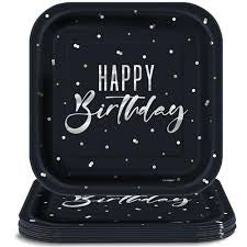 Black and Silver Happy Birthday Dessert Plates