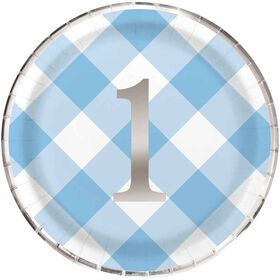 Blue Gingham First Birthday Dinner Plates