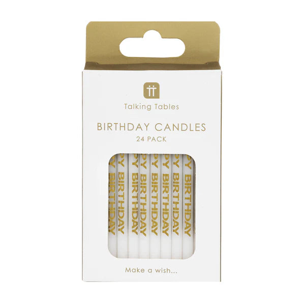White & Gold 'Happy Birthday' Printed Candles - 24 Pack