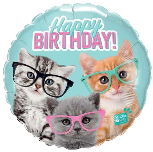 Birthday Kittens In Glasses Foil Balloon