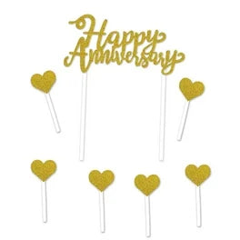 Gold Glitter Happy Anniversary Cake Topper with Diamond Ring Heart