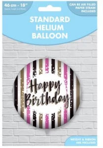 BALLOON HAPPY BIRTHDAY PINK-GOLD STRIPES FOIL 46 Cm