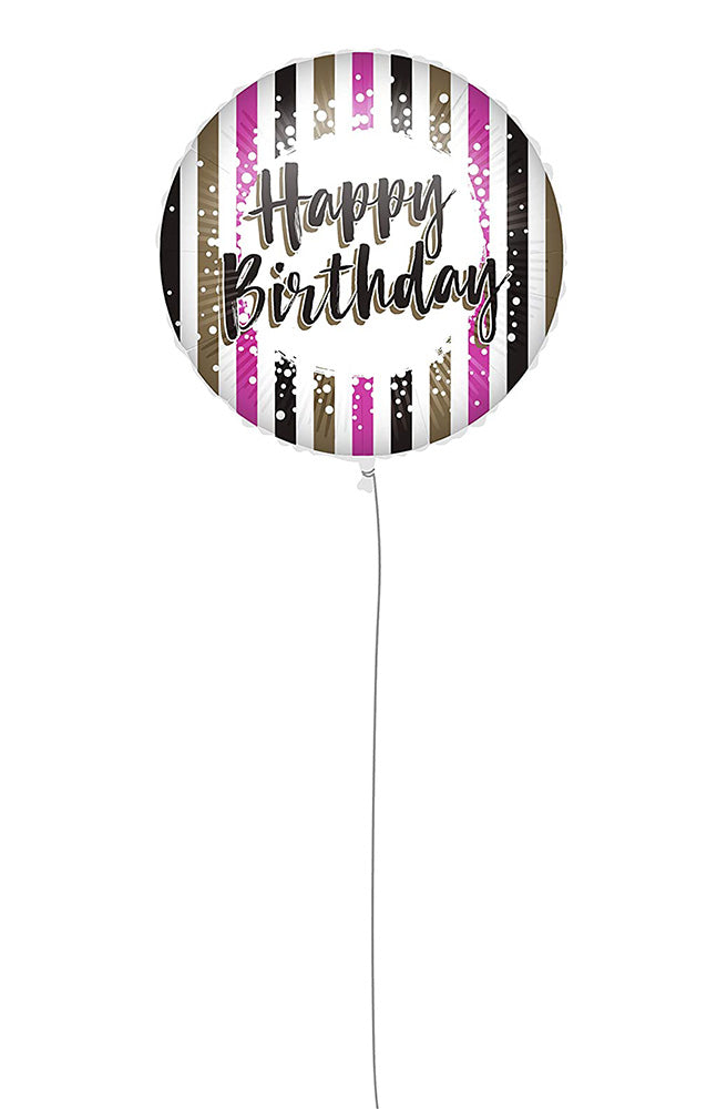 BALLOON HAPPY BIRTHDAY PINK-GOLD STRIPES FOIL 46 Cm