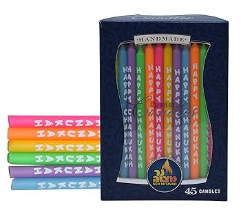 Colorful Happy Chanukah Dripless Handmade Candles - Standard Size Fits Most Menorahs - Premium Quality Wax – Assorted Colors - 45 Count for All 8 Nights of Hanukkah