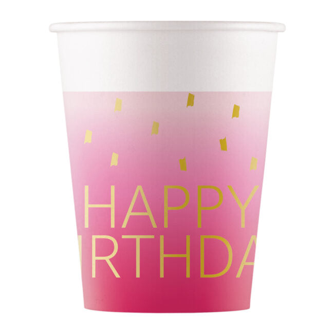 PAPER CUPS HAPPY BIRTHDAY pink 200ml 8pk