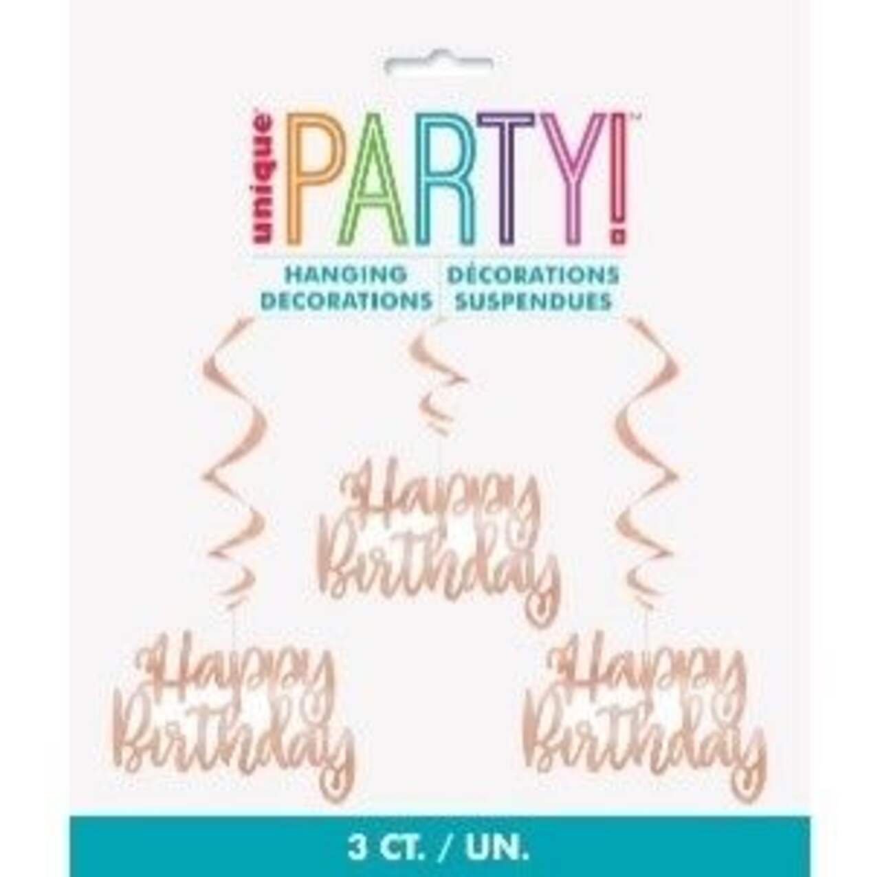 "Happy Birthday" Swirl Hanging Decorations, Rose Gold, 32-in, 3-pk, for Birthday Party