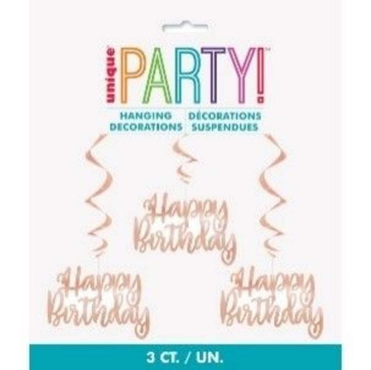 "Happy Birthday" Swirl Hanging Decorations, Rose Gold, 32-in, 3-pk, for Birthday Party