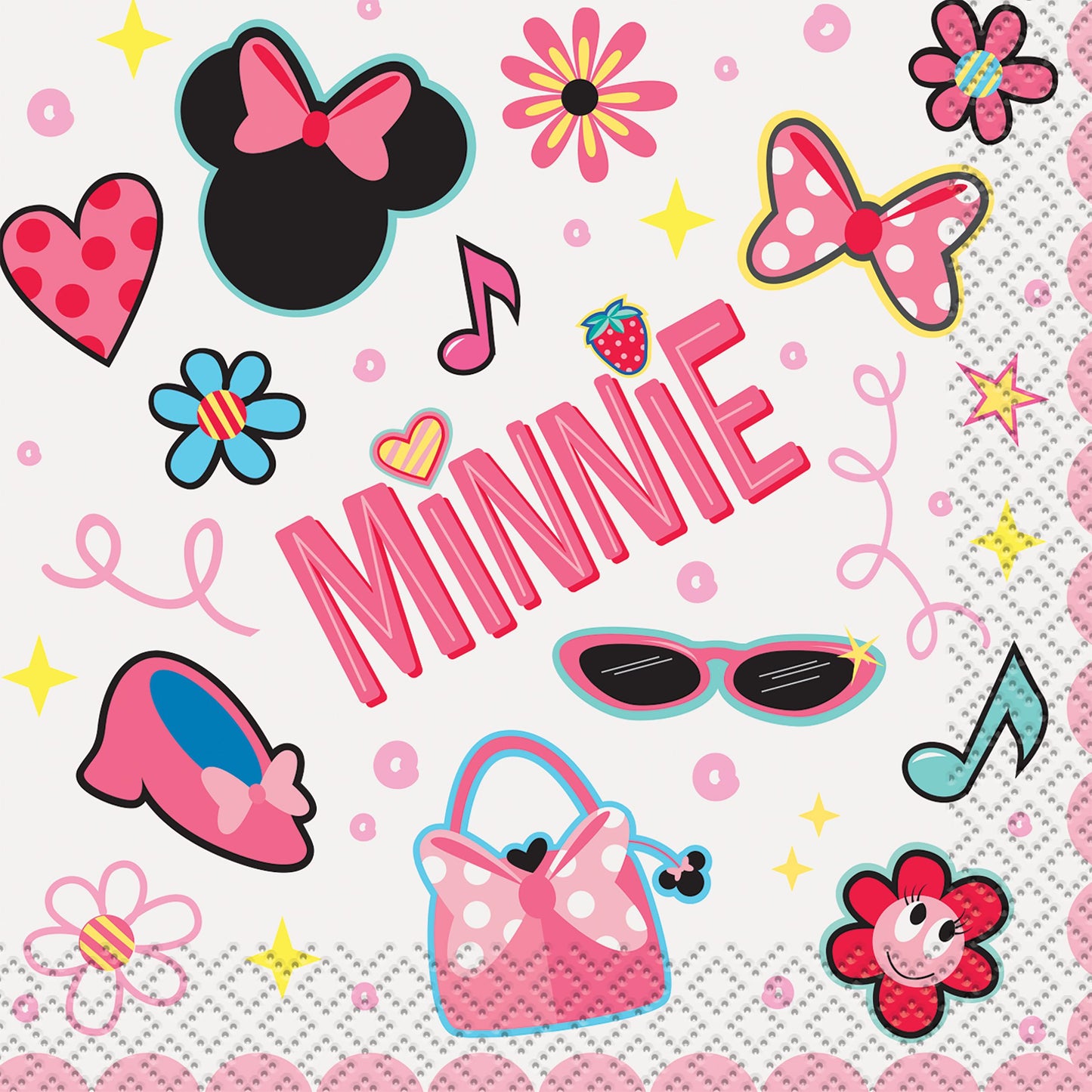 Disney Minnie Mouse Square Paper Disposable Beverage Napkins, Pink, 5-in, 16-pk, 2-ply, for Birthday Party