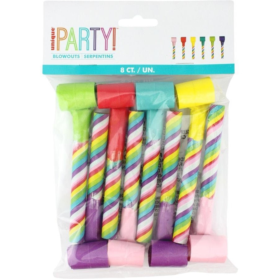ASSORTED STRIPED PARTY BLOWERS (PACK OF 8)