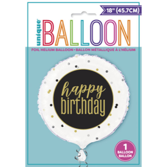 18" FOIL - HAPPY BIRTHDAY BLACK/WHITE/GOLD