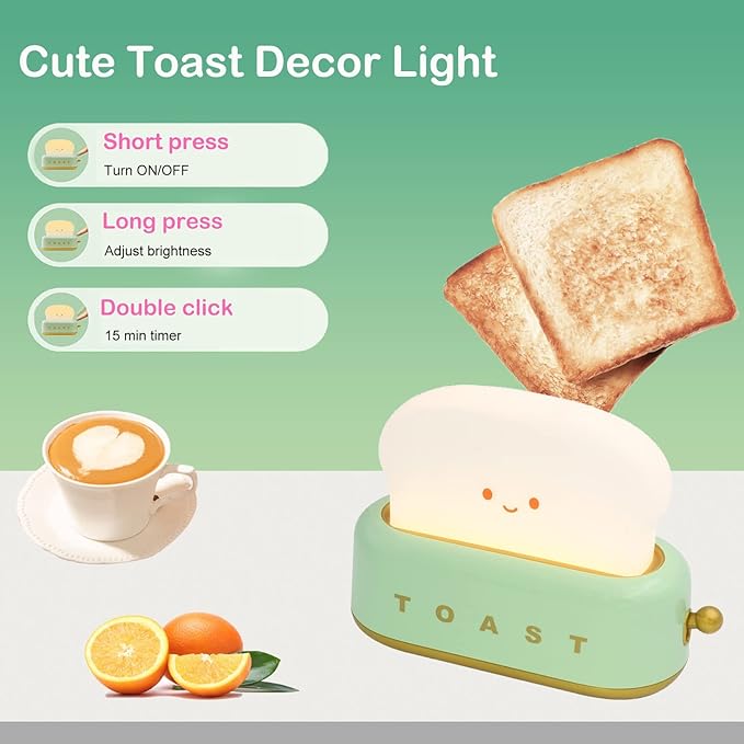 Cute Toast Night Light, LED Dimmable Bread Light with Timer, Sleep Lamp for Bedside Decorations