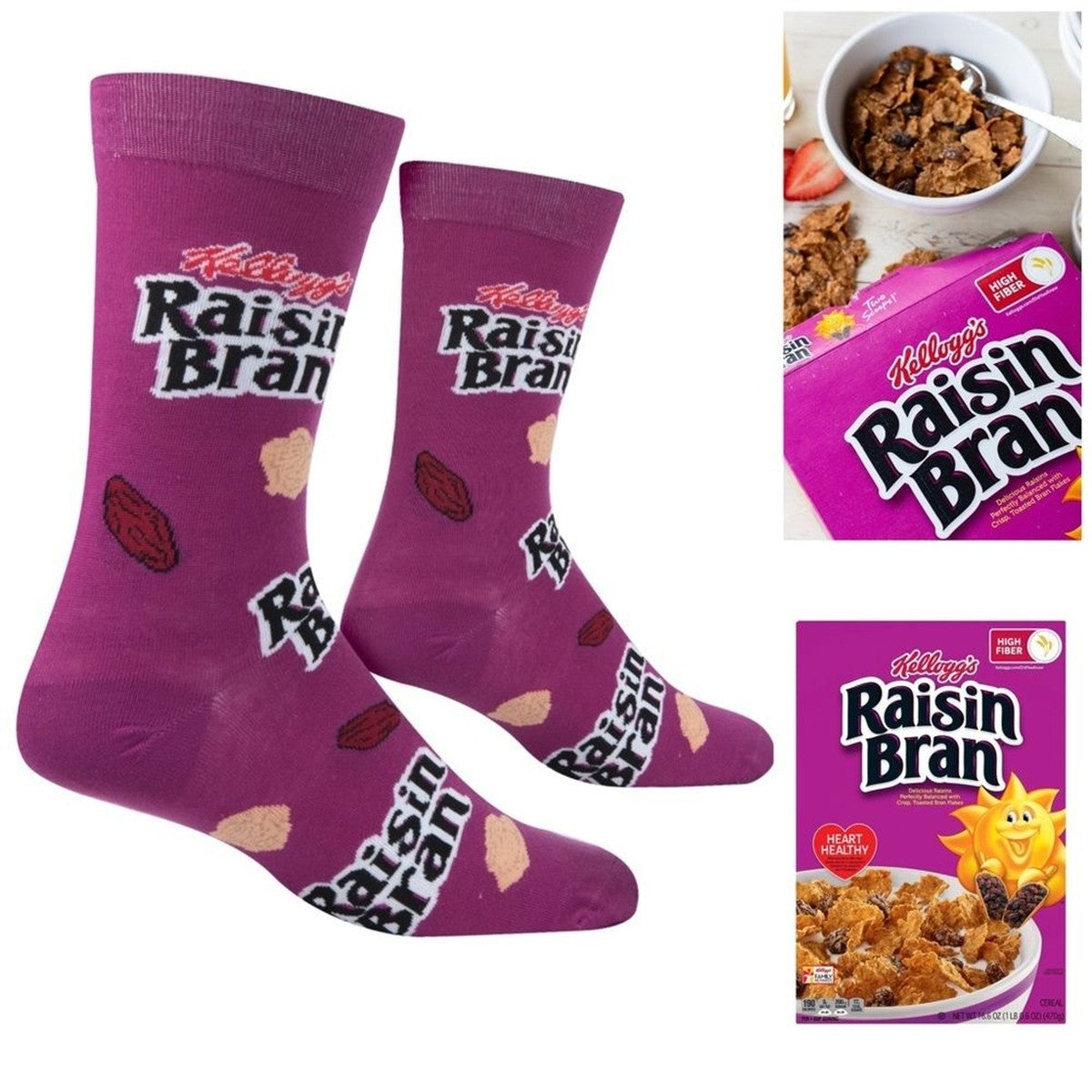 Kellogg’s Raisin Bran cereal Prints Crew Socks size 6-12 Men's unisex novelty