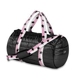 Black Puffer Duffle Bag Pink White Split Star Strap