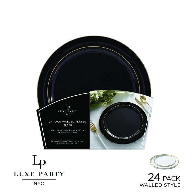 Round Walled Black and Gold Plastic Plates Set | 32 Pack