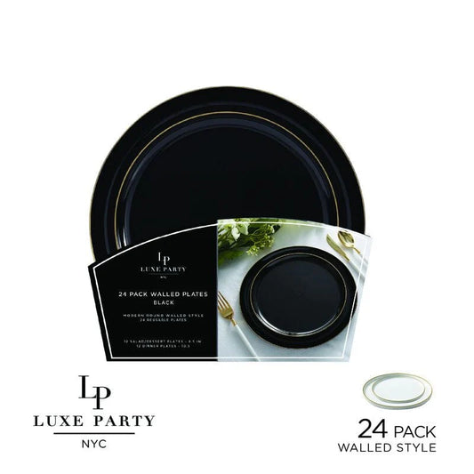 Round Walled Black and Gold Plastic Plates Set | 32 Pack