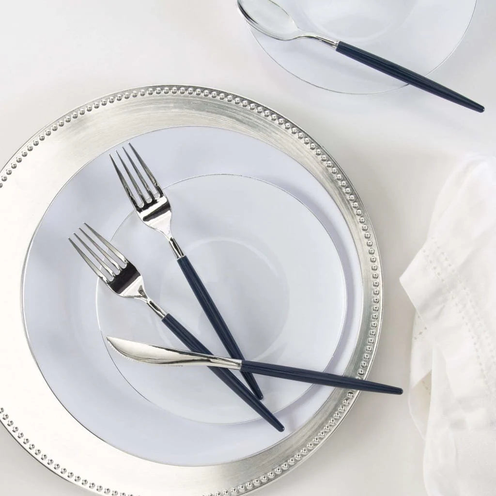 White and Silver Round Plastic Plates | 10 Pack