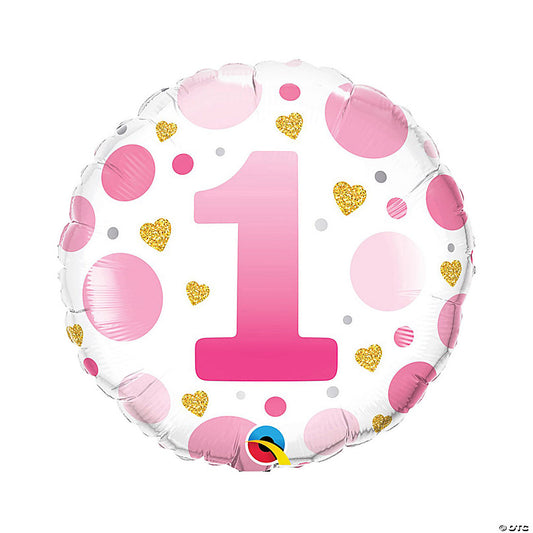1st Birthday Baby Girl Hearts and Dots Balloon